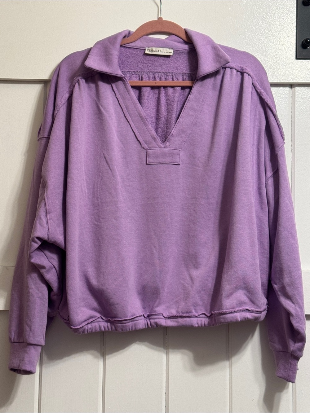 Zenana Outfitters Lavender V‑Neck Collared Pullover Sweatshirt